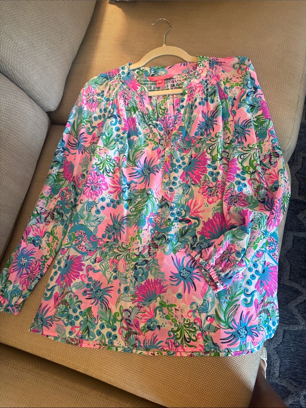 Lilly Pulitzer Pink Floral Peasant Tunic with Blue & Green Print